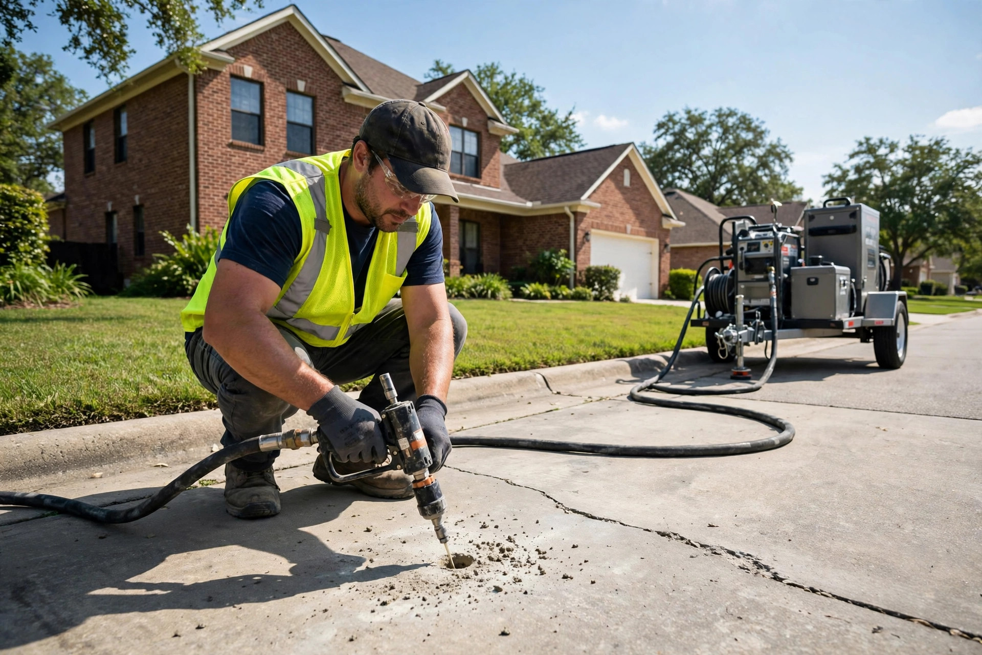 EvenSlab technician lifting a sunken Houston driveway with polyurethane foam injection